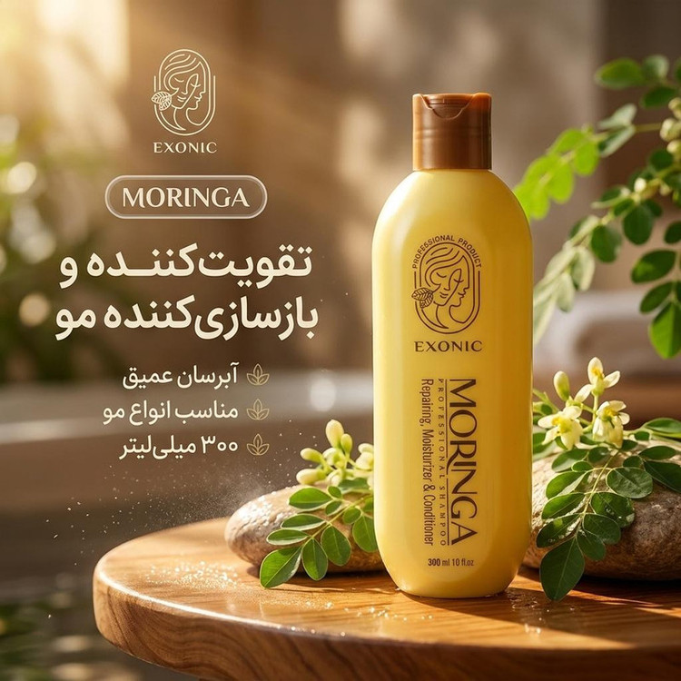 شامپو ضد ریزش و رشد و حجم موی دوباره اکسونیک مدل مورینگا مناسب برای انواع مو، حجم 300 میلیلیتر